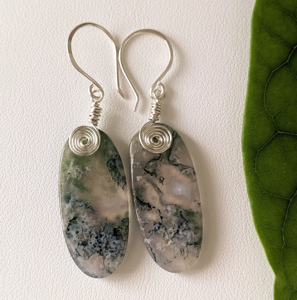 Sterling Silver Earrings Earthy Green Moss Agate Gems Bohemian Spiral Details - Picture 10 of 15